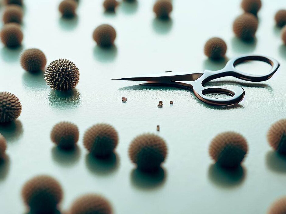 Virus particles on the floor with scissors in between