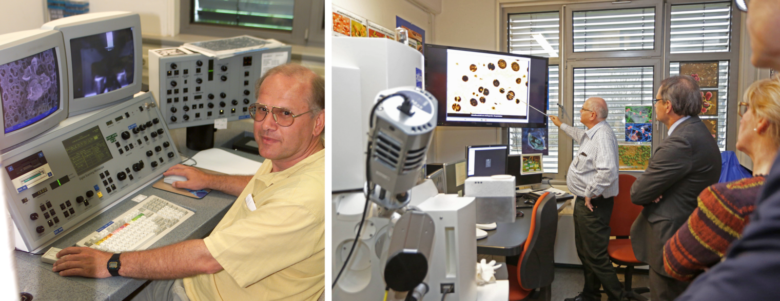 Manfred Rohde in action at the electron microscope in 1998 (left) and with visitors at today's device (right). 