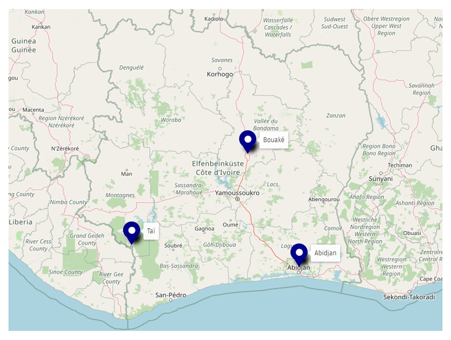 Karte des Einsatzgebietes in Côte d’Ivoire