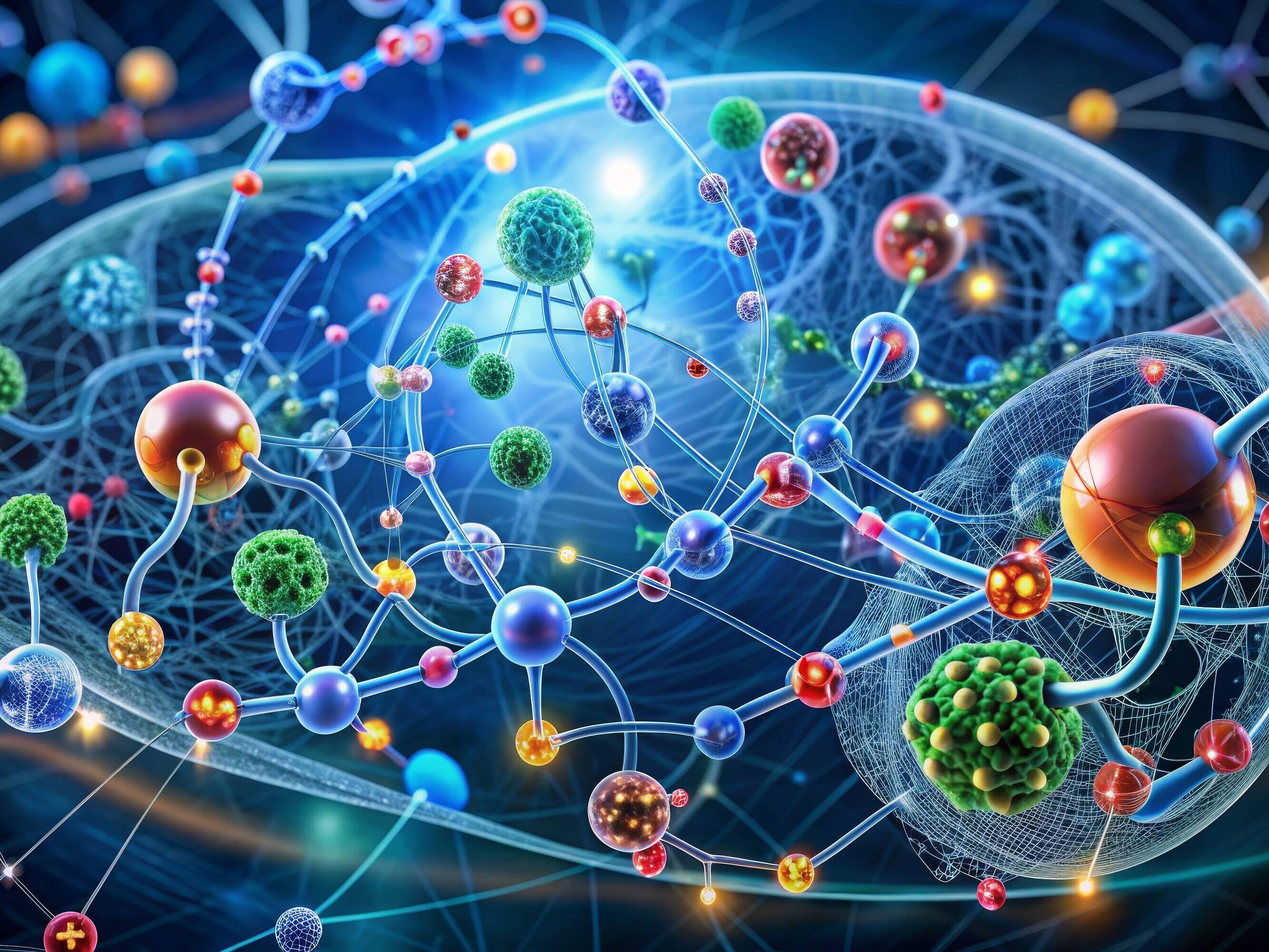 A complex digital map of metabolic pathways within a human cell, with molecules highlighted as they participate in biochemical reactions