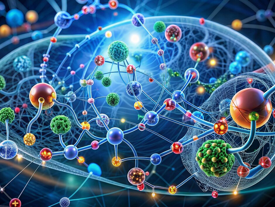 Eine komplexe digitale Karte der Stoffwechselwege in einer menschlichen Zelle, auf der Moleküle hervorgehoben sind, die an biochemischen Reaktionen beteiligt sind