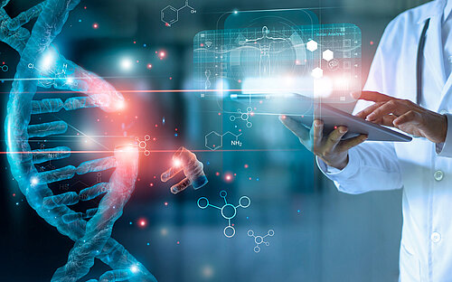 Illustration Wissenschaftler und DNA-Strang