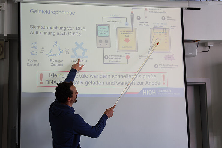 A scientist explains a laboratory method on a screen