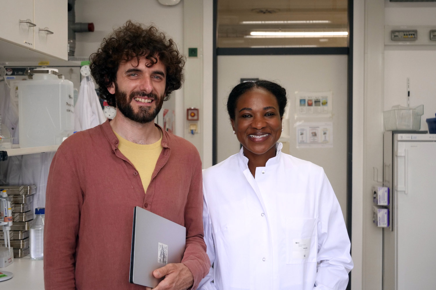 Marco Galardini (left) and Maureen Obara in the lab.